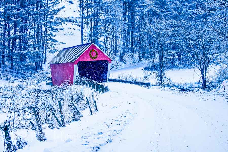 Woodstock Vermont covered bridge winter snow