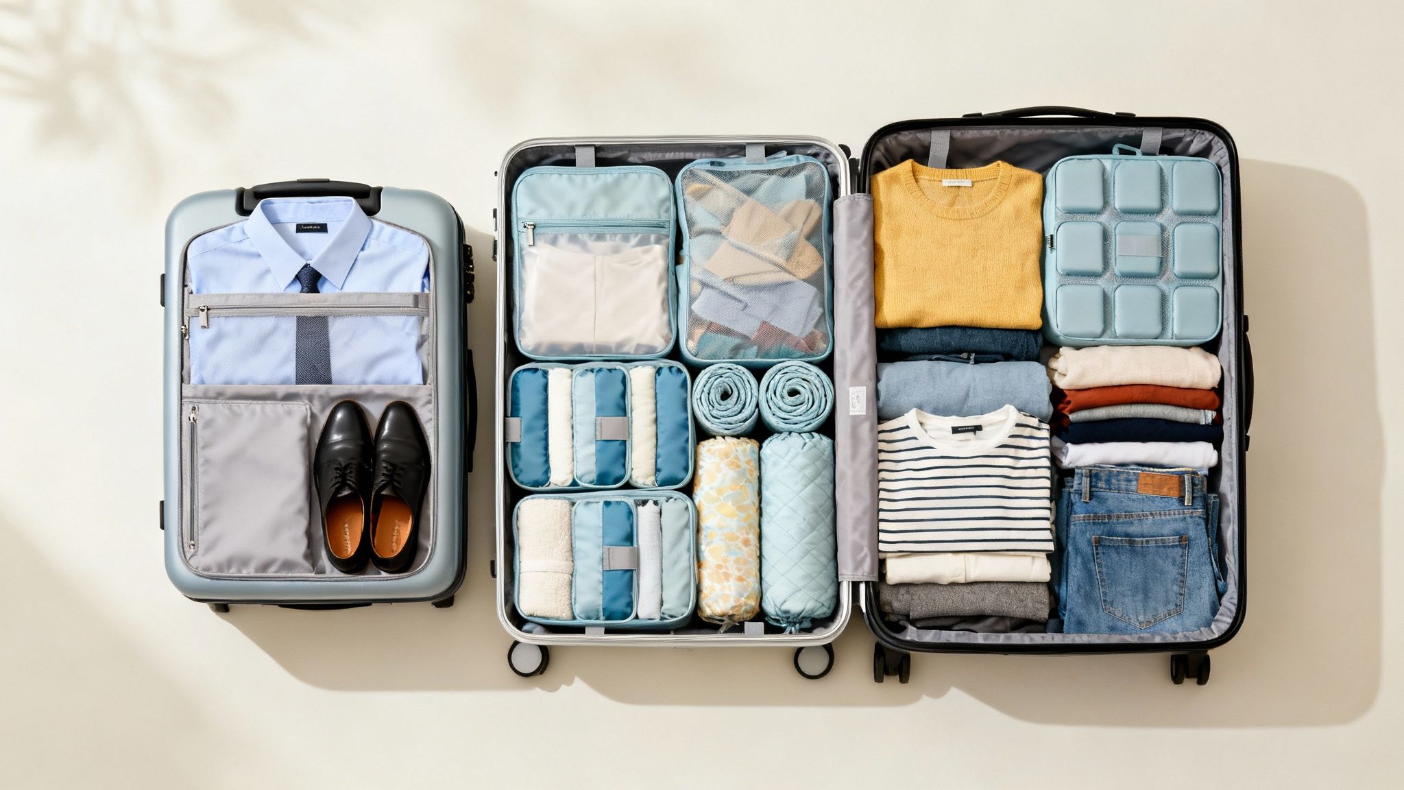 folded clothes packing cubes suitcase