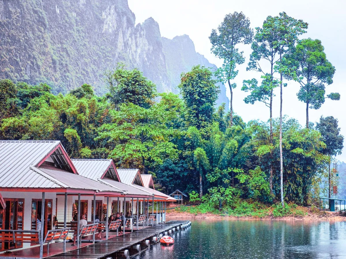 Cheow Lan Lake floating bungalows limestone karsts