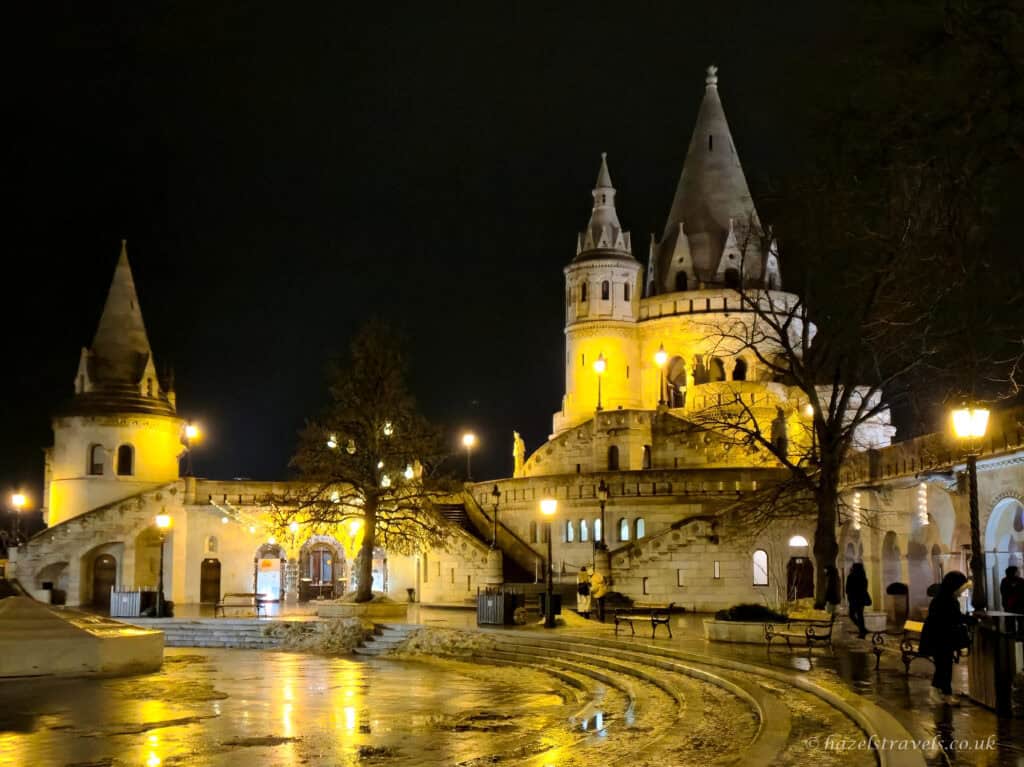 Budapest Castle District night floodlights Fishermans Bastion