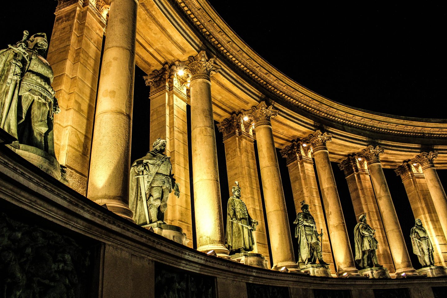 Heroes Square Budapest night illuminated colonnade