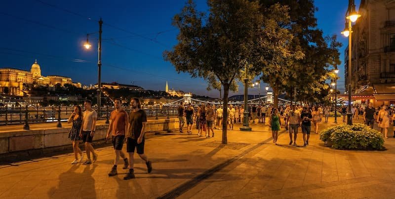 Pest Danube riverbank promenade Budapest night