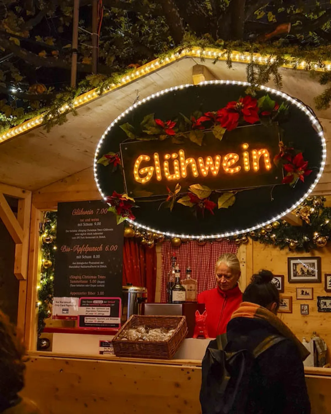 Zurich Christmas market Glühwein stalls at night
