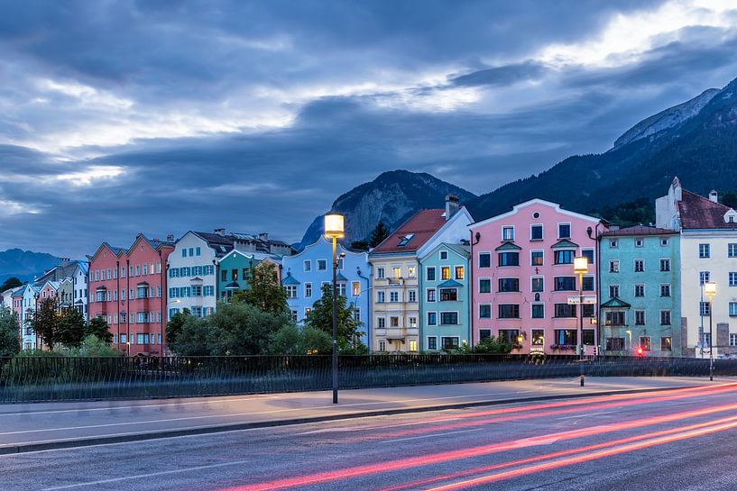 Innsbruck blue hour city lights mountain backdrop