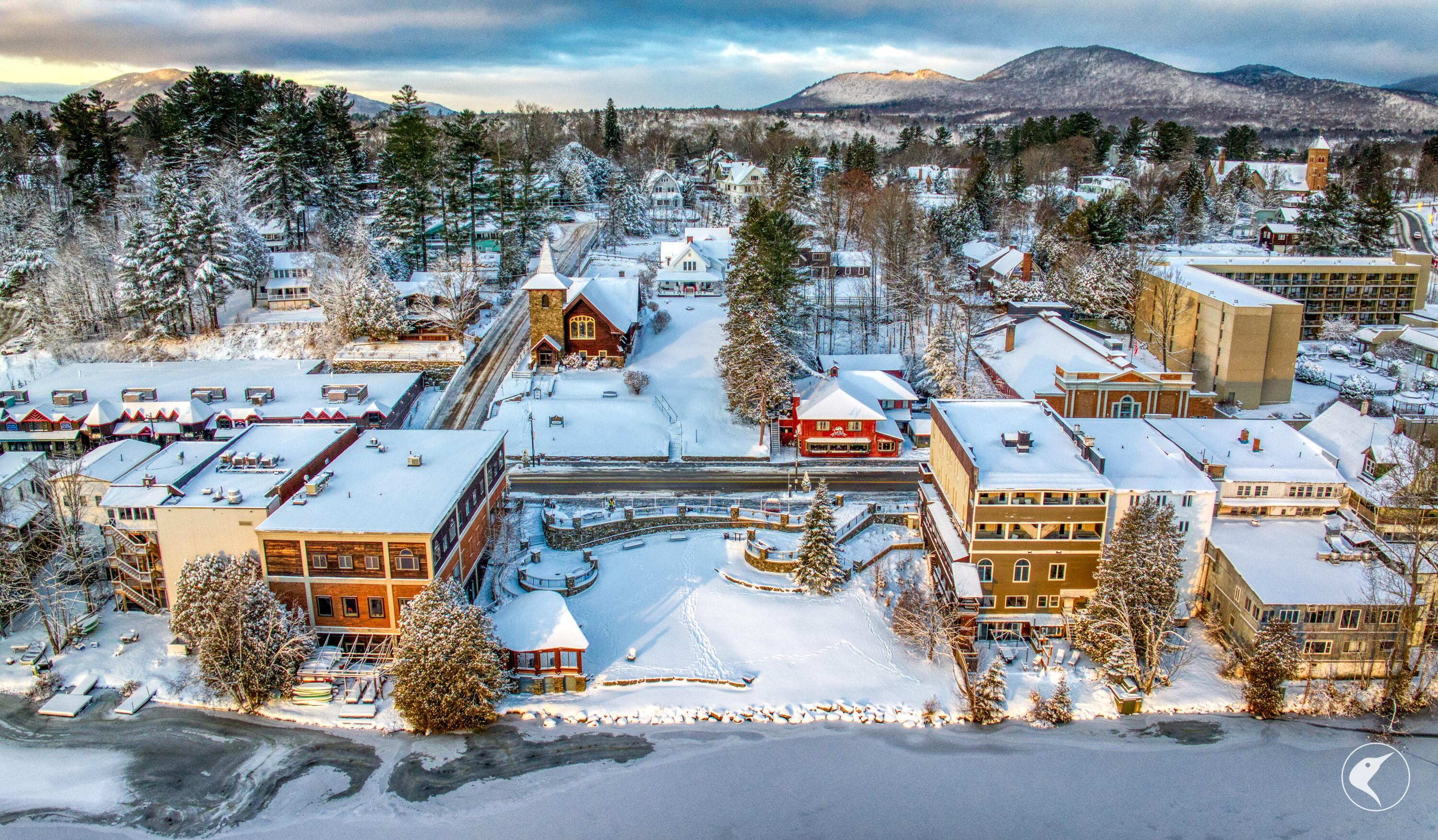 frozen lake town winter main street snow