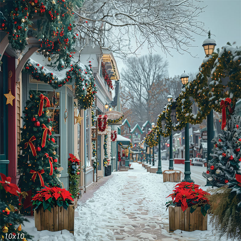 snow covered small town main street winter
