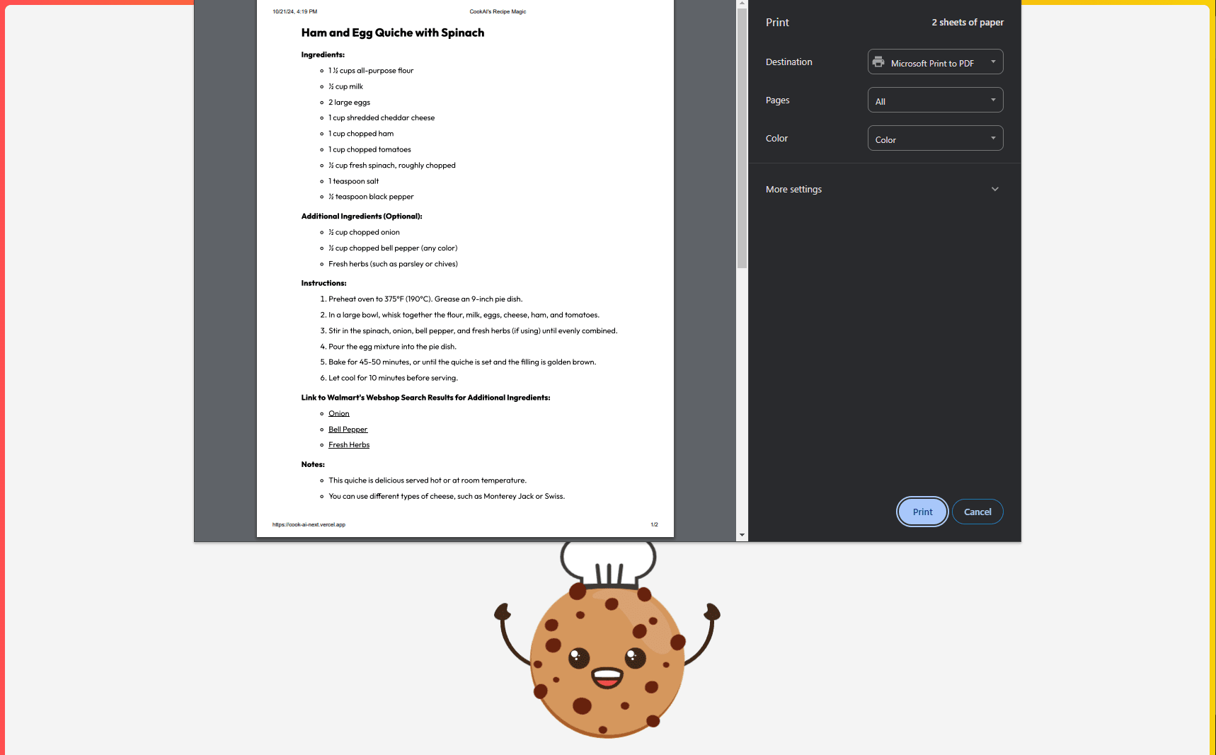 Cook AI printing functionality