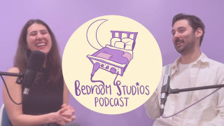 Mix engineer and producer Luke Fair laughing with Emma Della Rossa in front of a purple backdrop on the Bedroom Studios Podcast