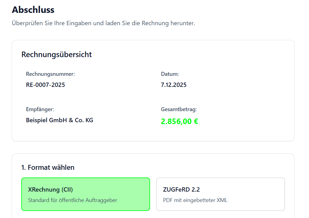 Screenshot: Der Download-Bildschirm mit Auswahl zwischen ZUGFeRD und XRechnung