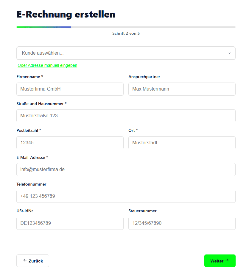 Gif: Auswahl eines gespeicherten Kunden füllt automatisch alle Felder