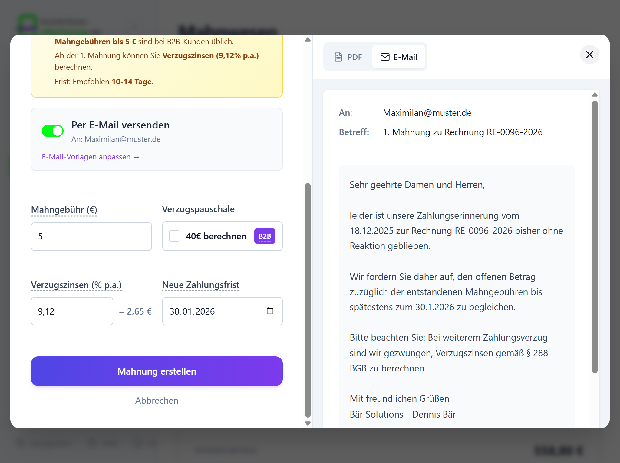 Schritt 2: Automatische Zins- und Gebührenberechnung