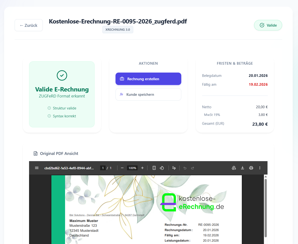 Screenshot – E-Rechnungs-Viewer visualisiert eine XRechnung