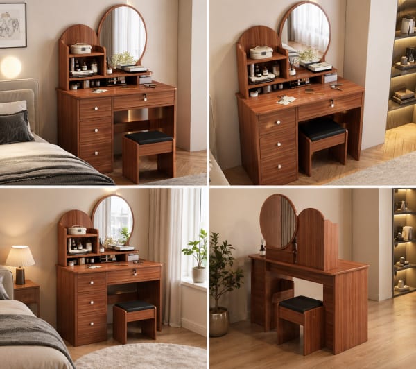 Coiffeuse en bois avec miroir rond