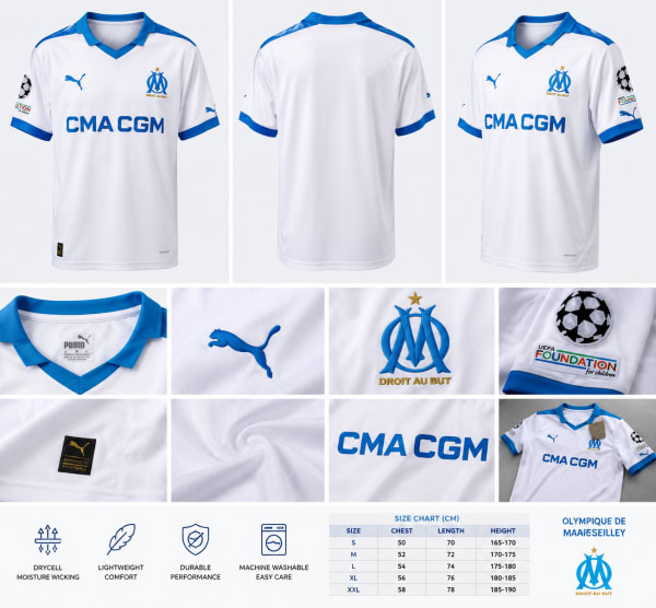 Maillots du club français Olympique de Marseille