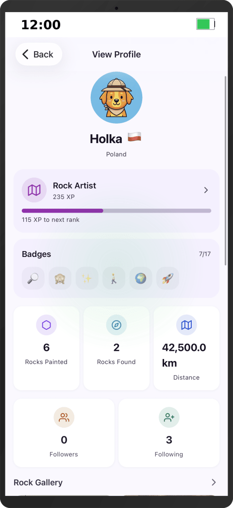 RoxGeo Samsung Galaxy S25 user profile screen showing stats and rock-hunting discoveries
