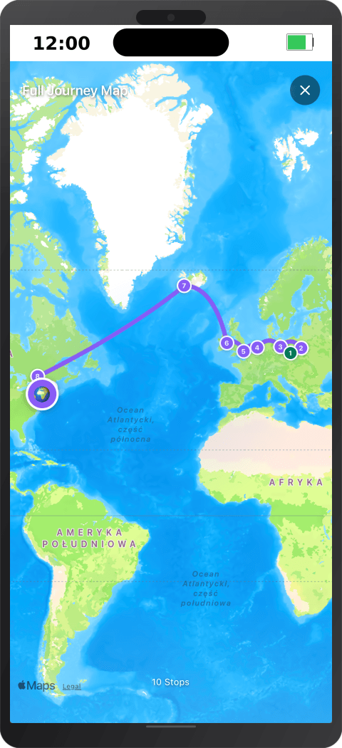 RoxGeo iPhone 16 screen displaying a painted rock journey map tracing its path across countries and continents