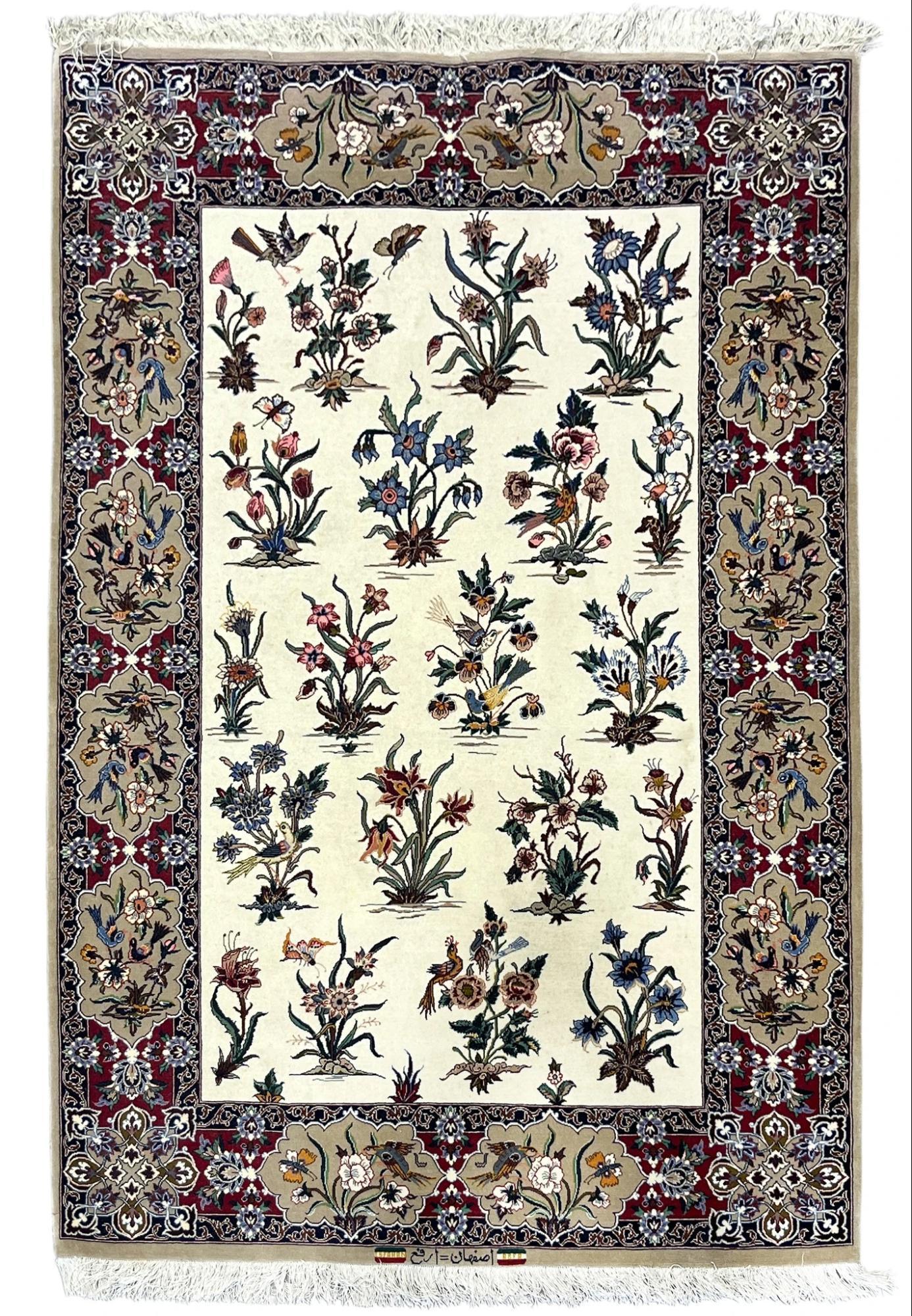 A detailed close-up showing the complex knots and vivid natural dyes of an authentic floor covering