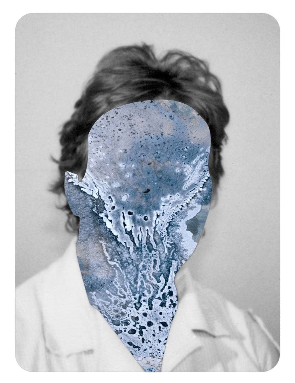 Portrait, the face replaced by a texture like water on marble.