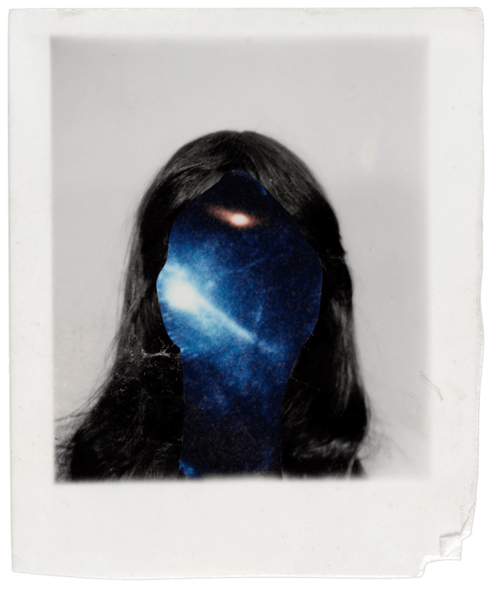 Portrait of a woman, the face replaced by a starry sky.