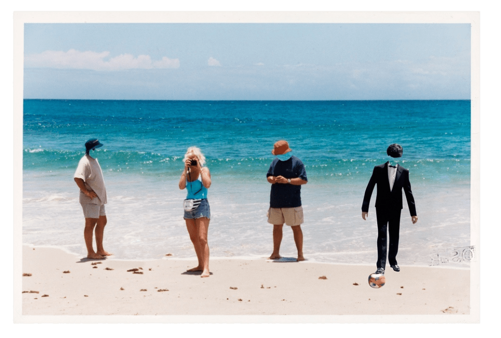 Four figures on a beach, faces hidden.
