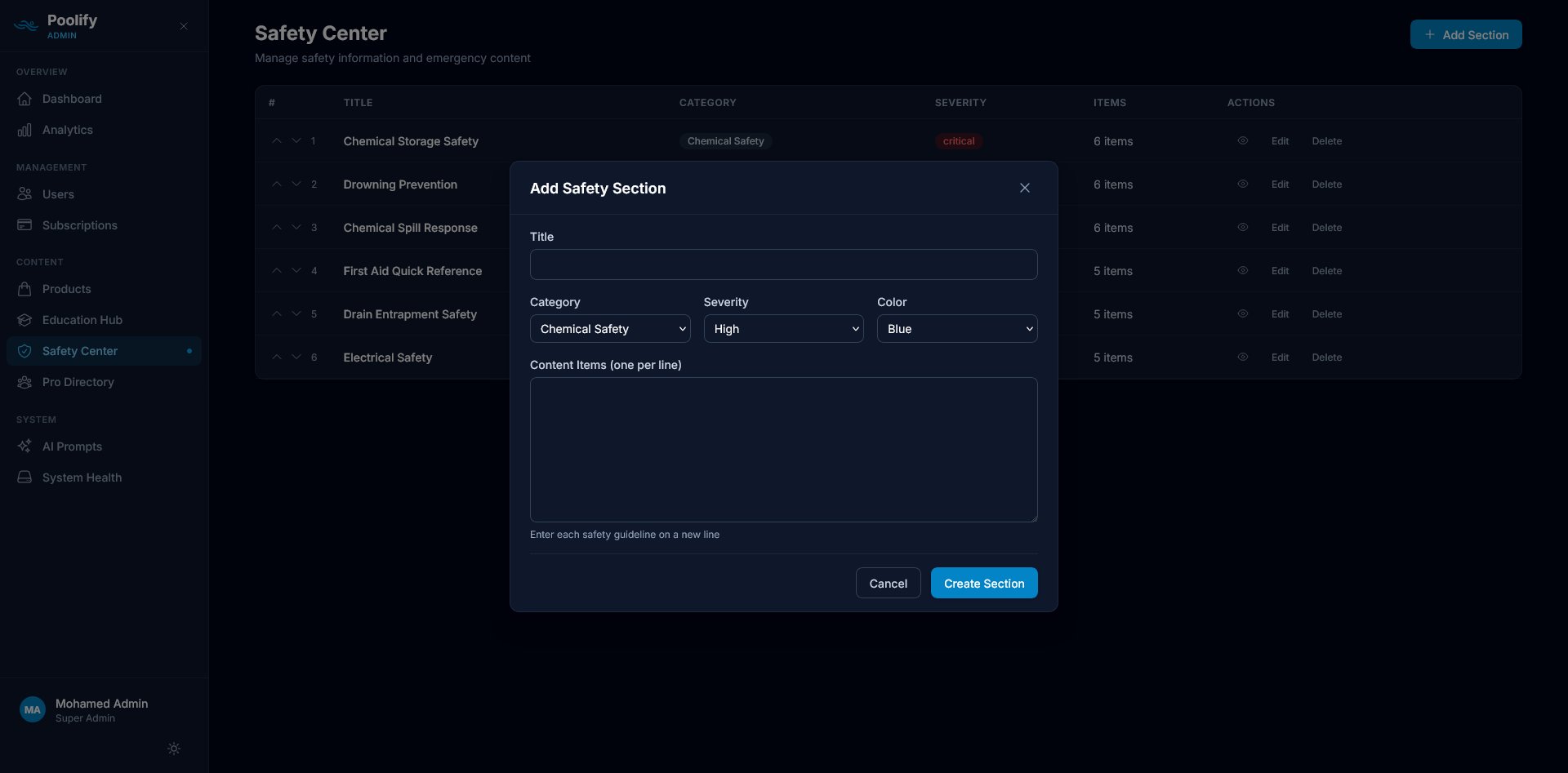 Safety Center — Add Section