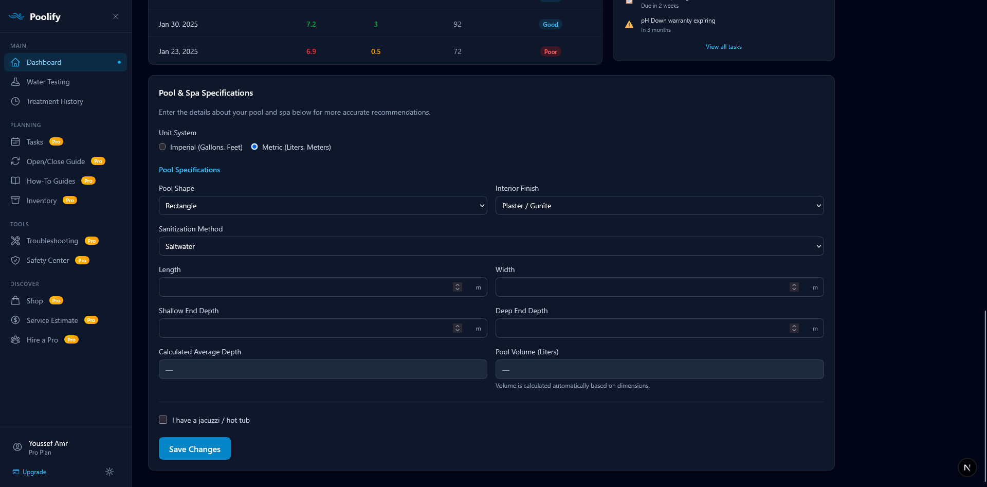 Dashboard — Pool Specifications