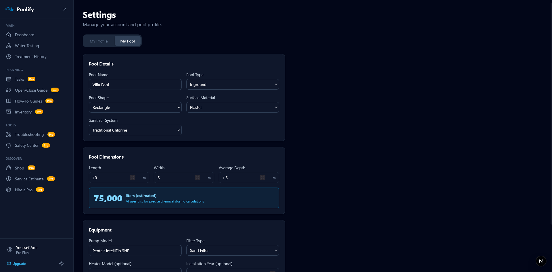 Settings — My Pool