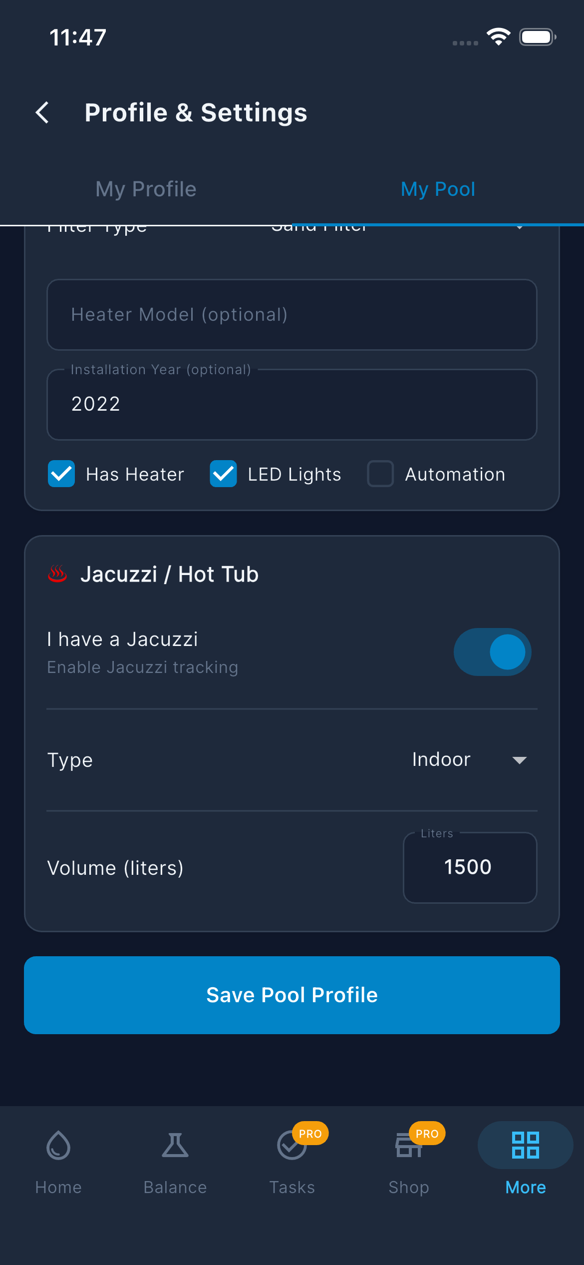 Settings — My Pool (Jacuzzi)