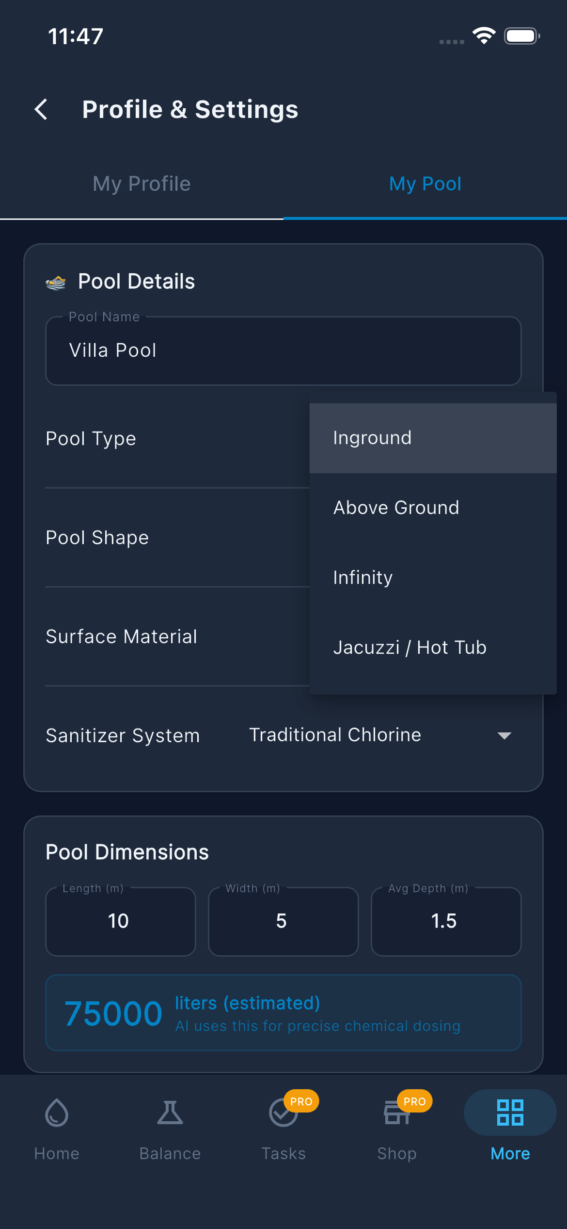 Settings — My Pool (Dropdown)