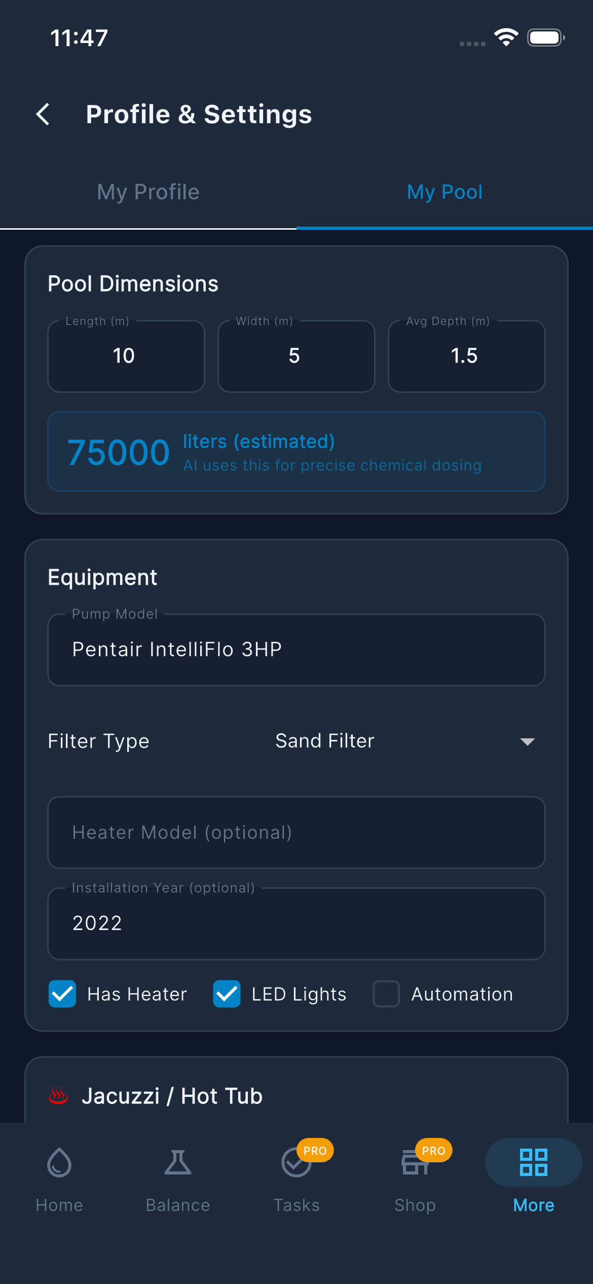 Settings — My Pool (Equipment)