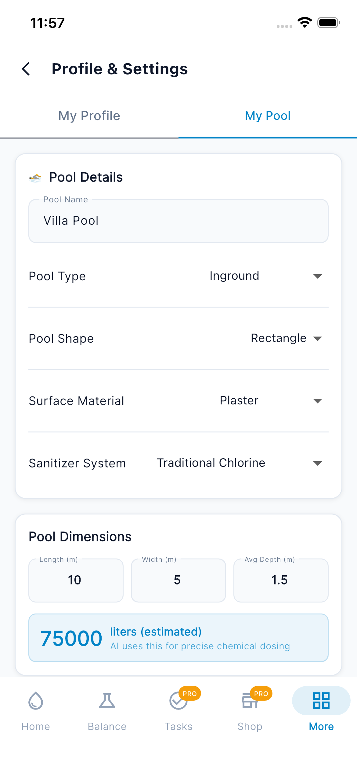 Settings — My Pool (Dropdown)