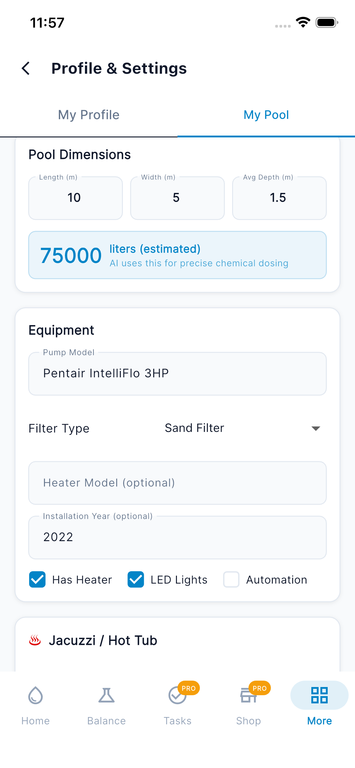 Settings — My Pool (Equipment)