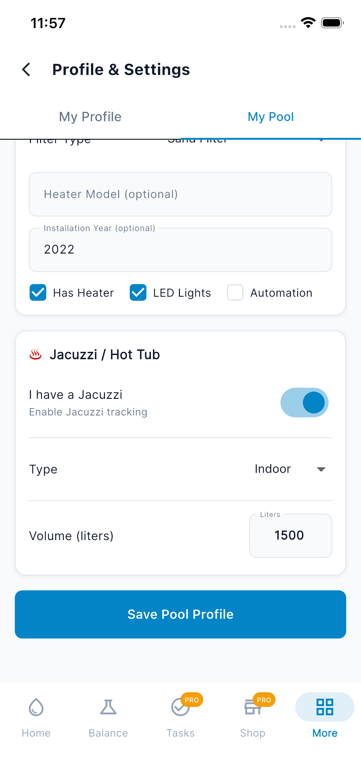 Settings — My Pool (Jacuzzi)