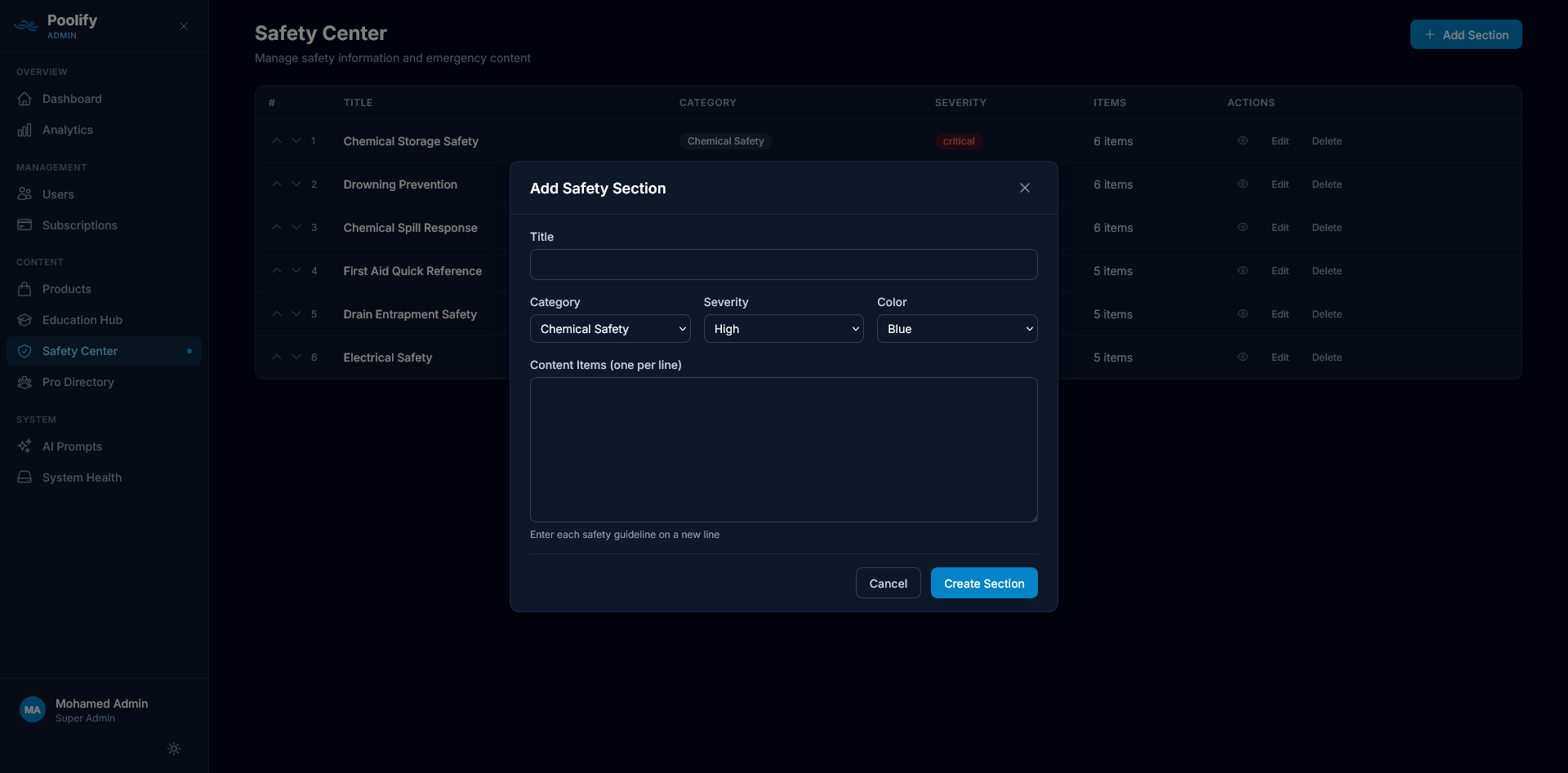 Safety Center — Add Section