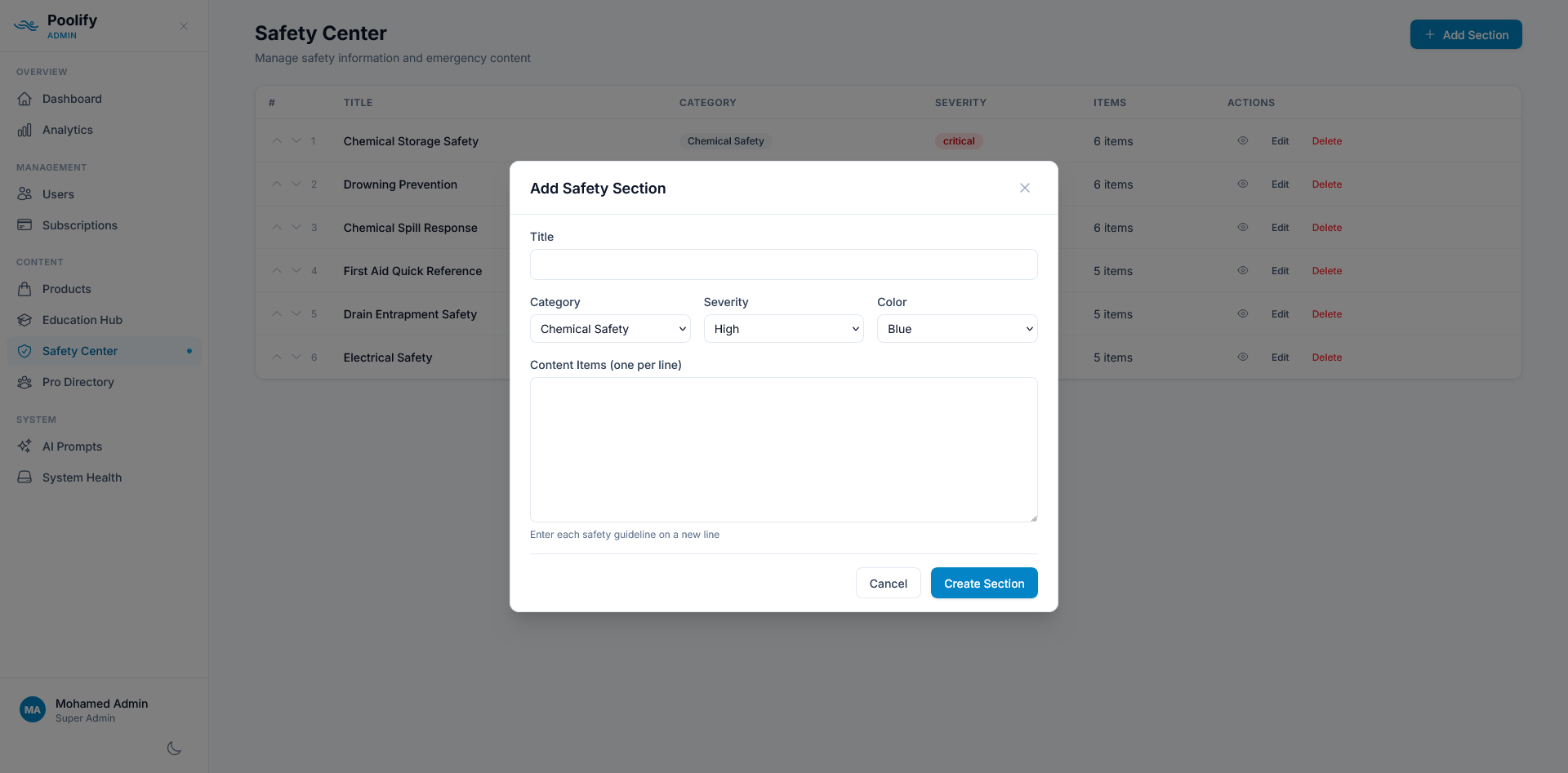 Safety Center — Add Section