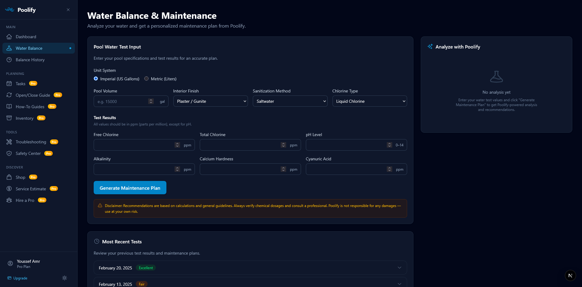Dashboard — Pool Specifications