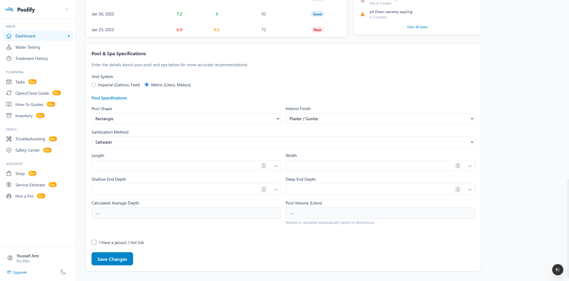Dashboard — Pool Specifications