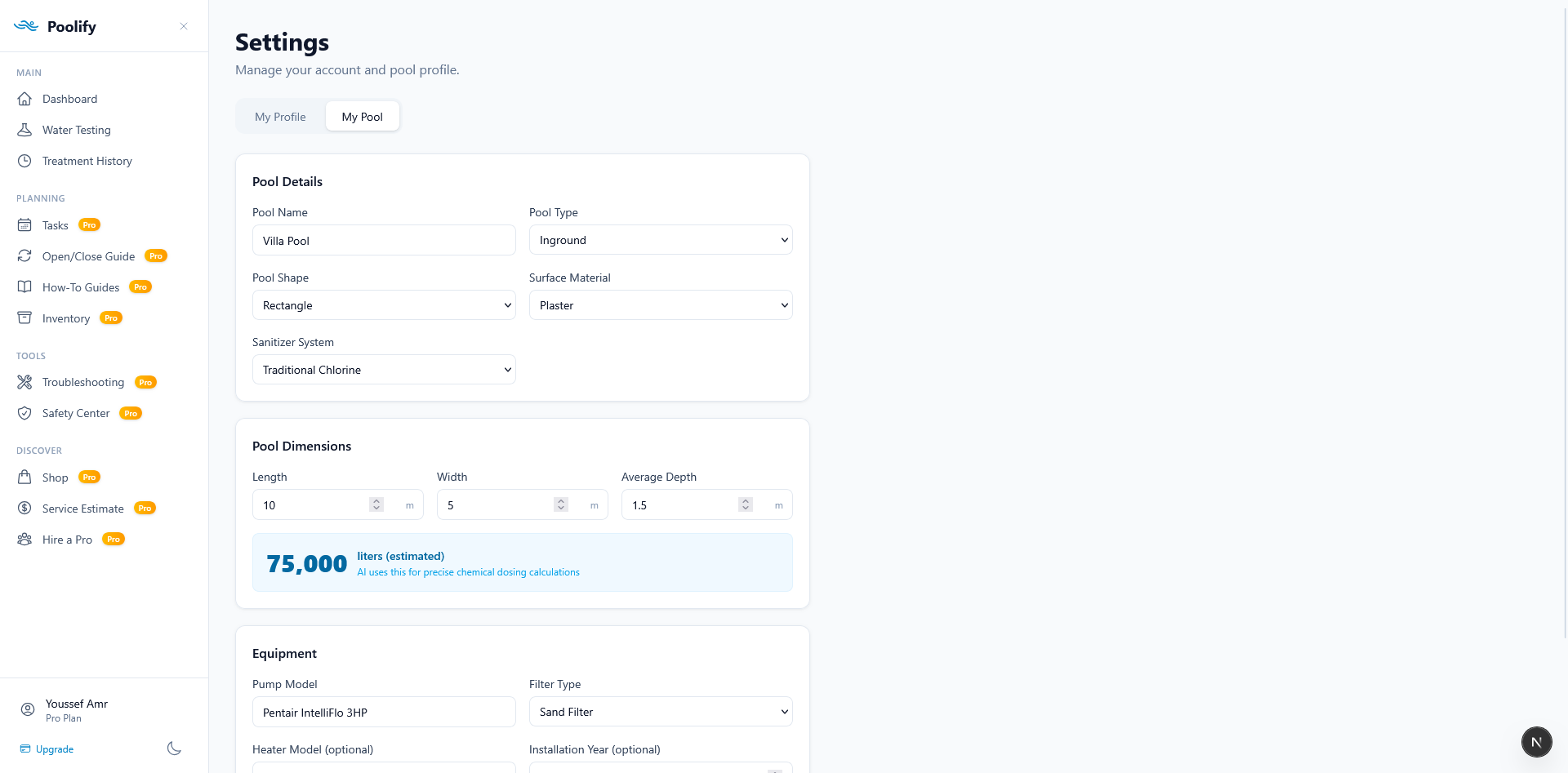 Settings — My Pool