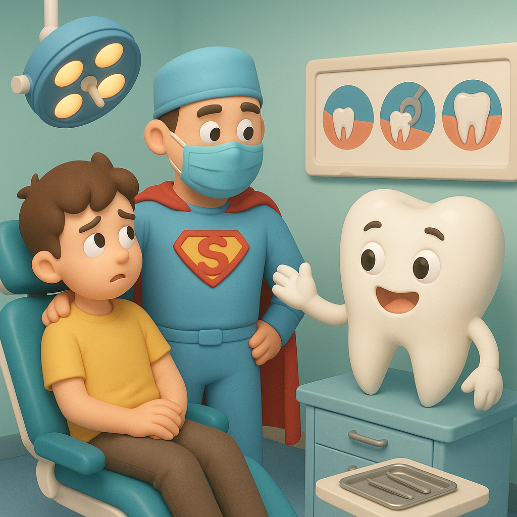 Cartoon dental checkup with smiling tooth, worried patient, and masked dentist in exam room