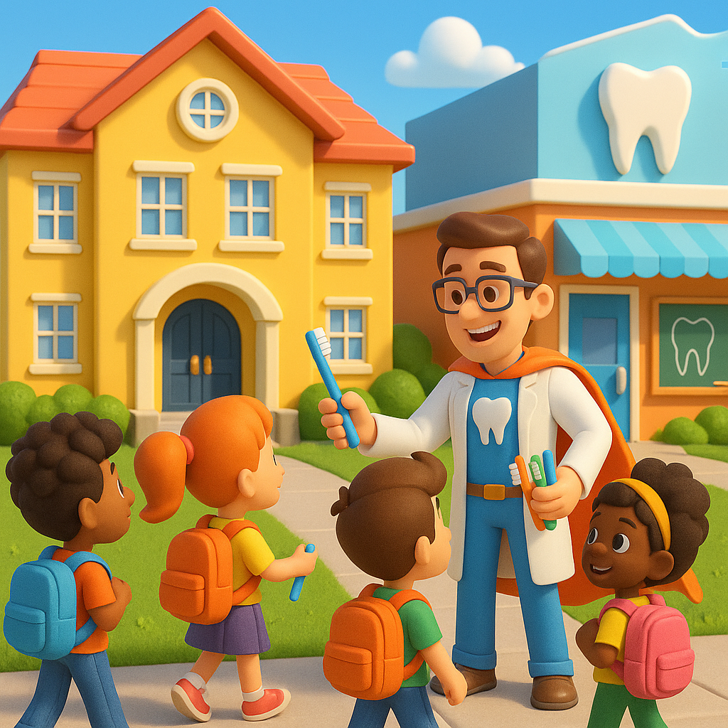 Dentist explaining a tooth model to children outside a colorful dental clinic.