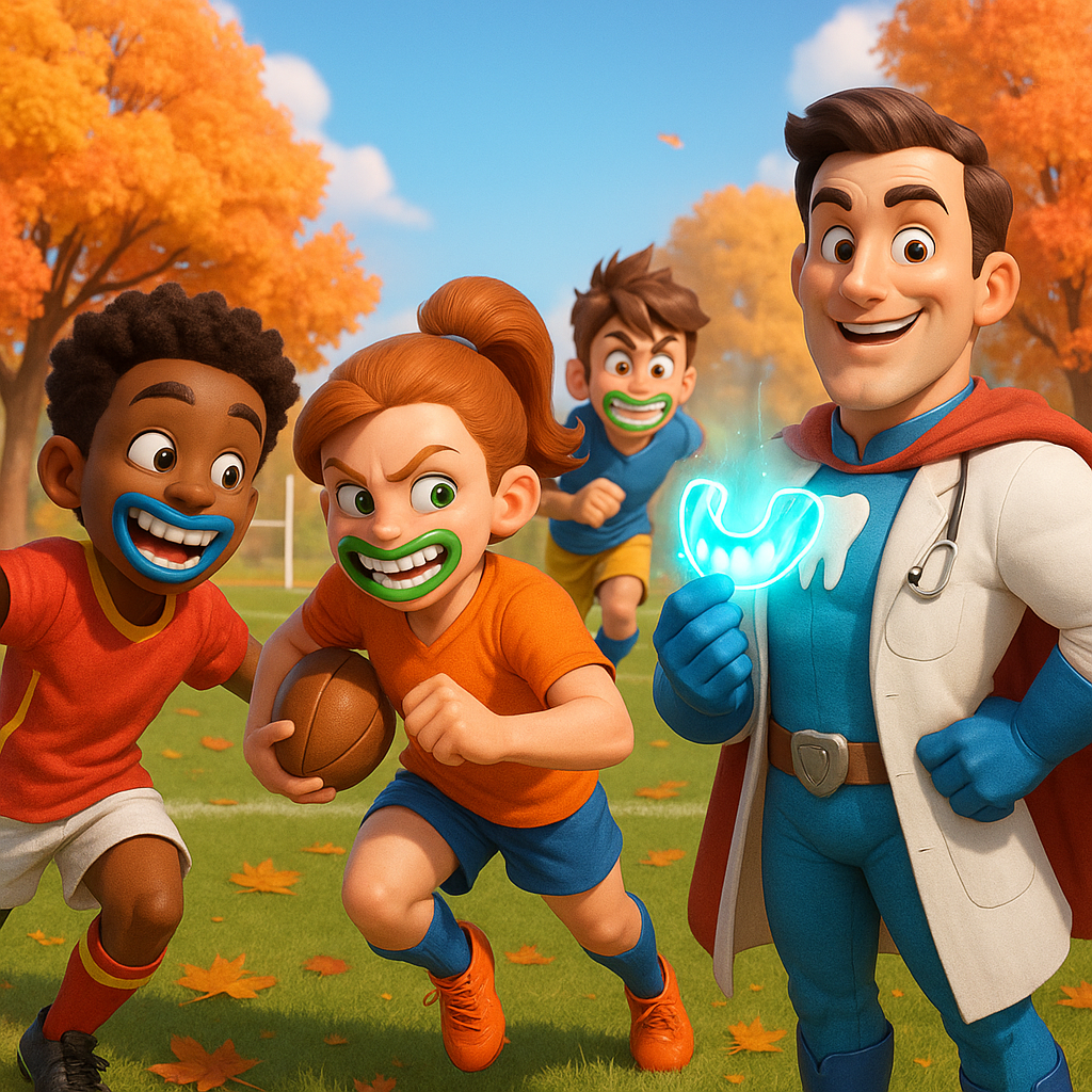 Four smiling runners on a sunny autumn path, one holding a glowing blue sign