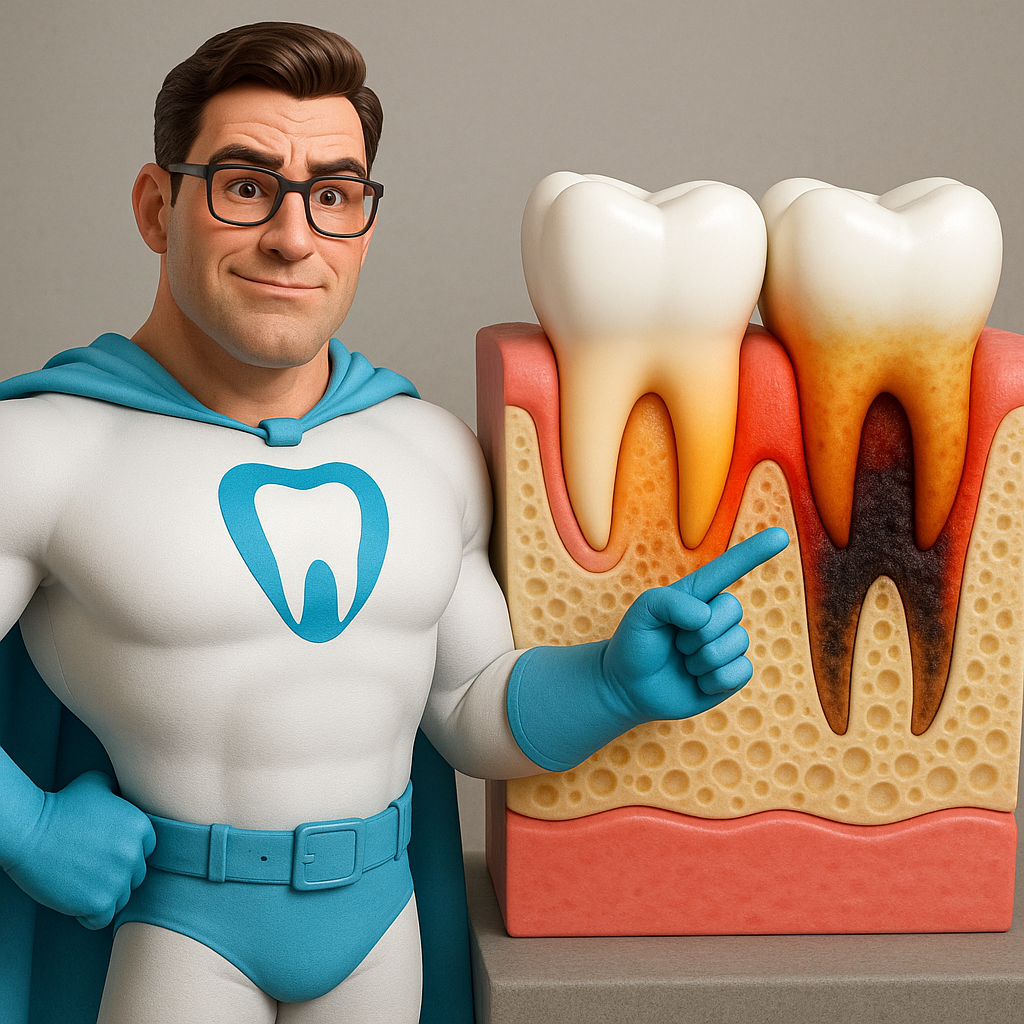 Cartoon dentist superhero pointing at a cross-section of a tooth with decay and healthy enamel