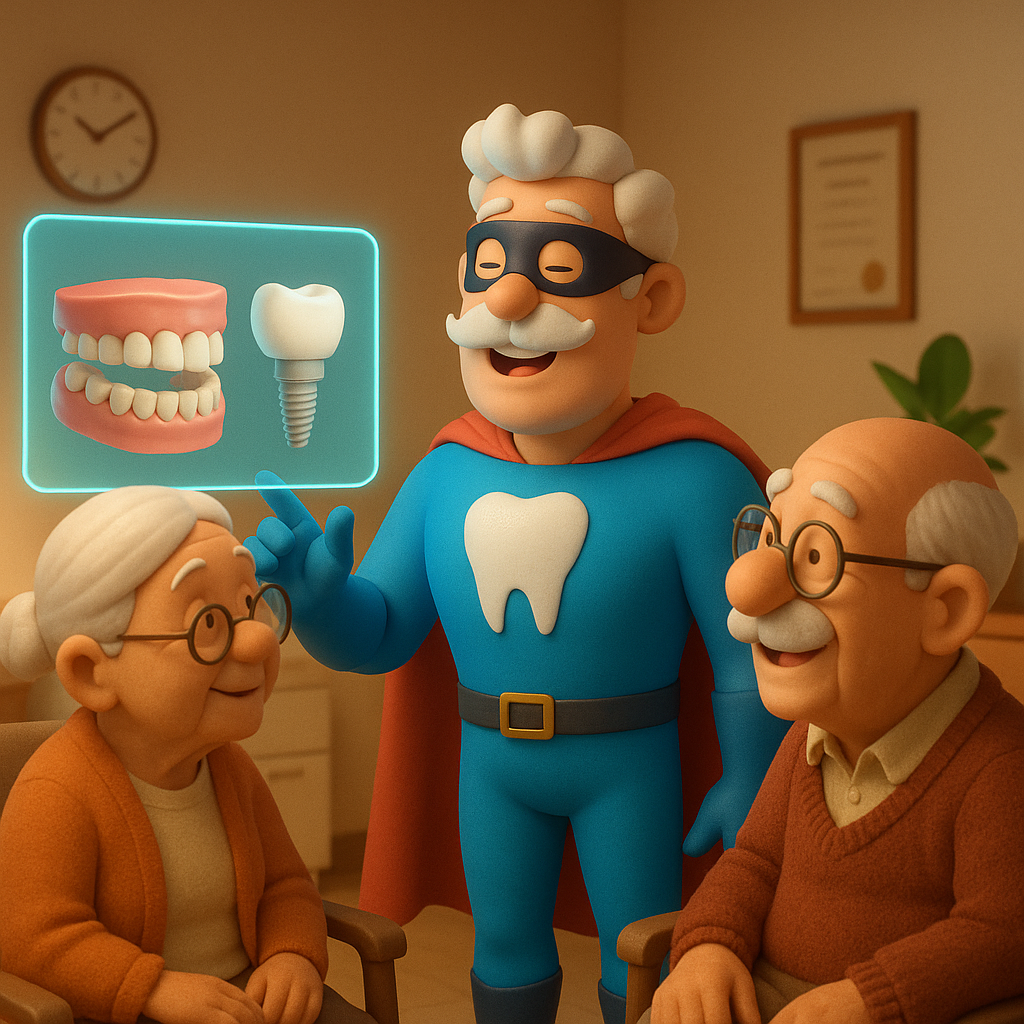 Cartoon dentist in blue cape showing dentures and implant to two smiling seniors in a cozy office.