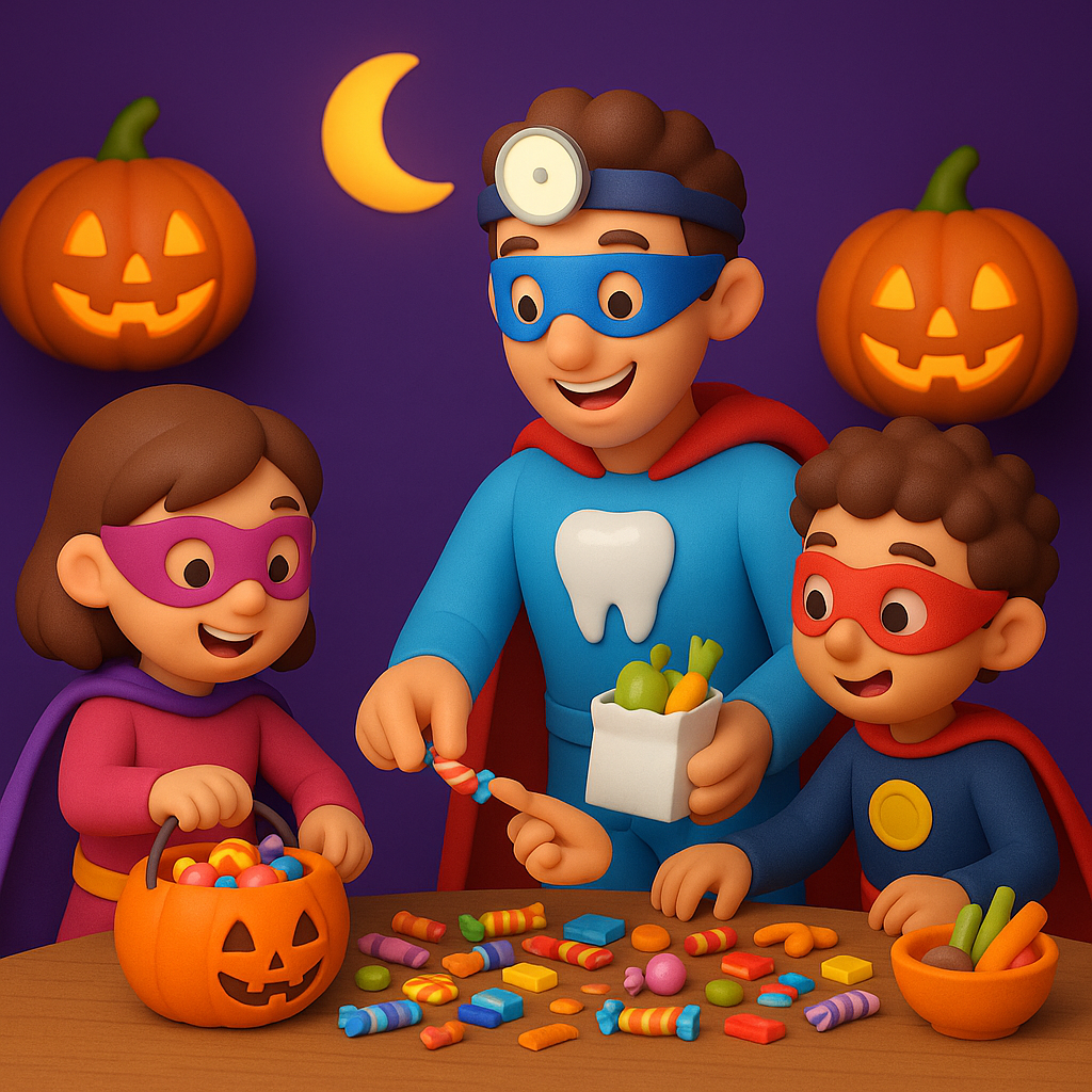 Children in costumes sharing candy at Halloween with jack-o’-lanterns and a moon backdrop