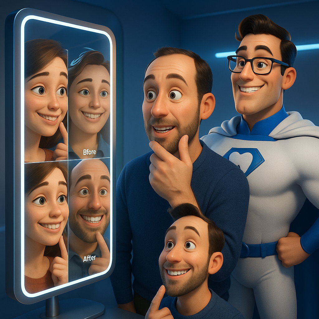 Animated team examining smiling face options on a glowing mirror in a blue-lit room