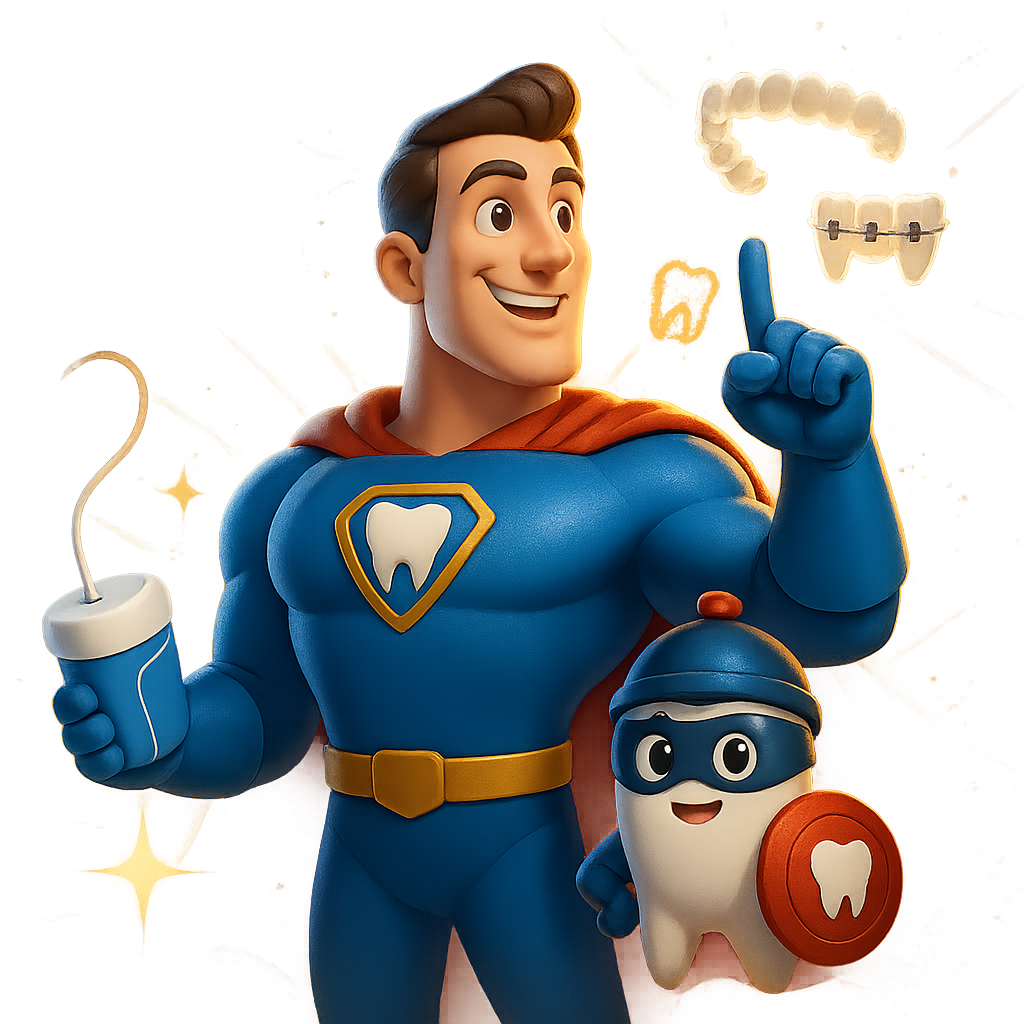 Cartoon superhero dentist in blue suit holding a tooth and toothbrush, with a smiling tooth mascot.
