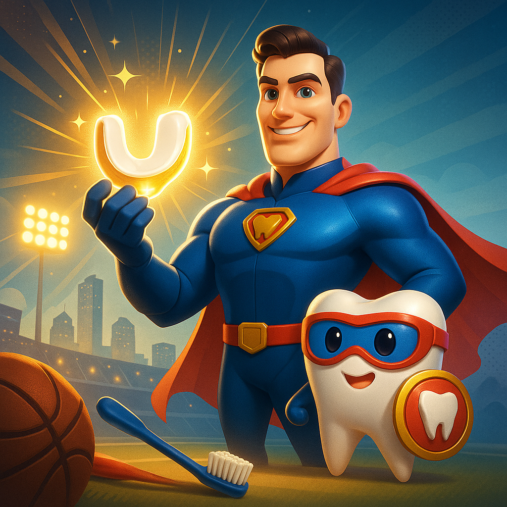 Smiling superhero in blue with red cape holding a glowing horseshoe beside a masked pet and basketball.