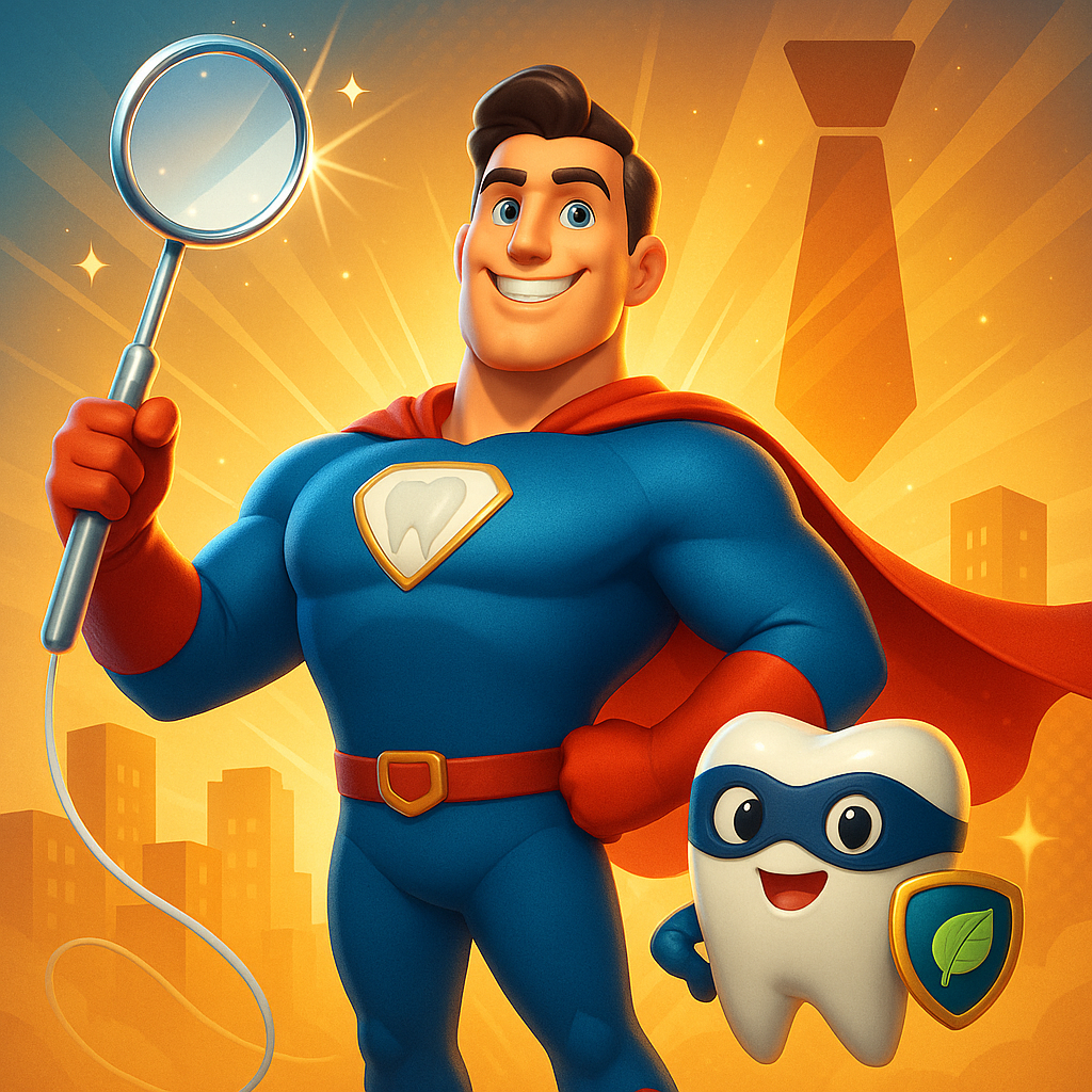 Cartoon superhero and smiling tooth mascot holding a magnifying glass in a bright orange city skyline