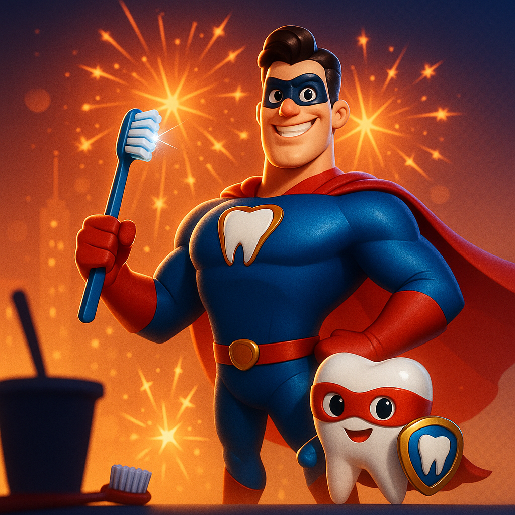 Cartoon superhero and small sidekick in blue, red, and white, standing before fireworks on a festive orange background