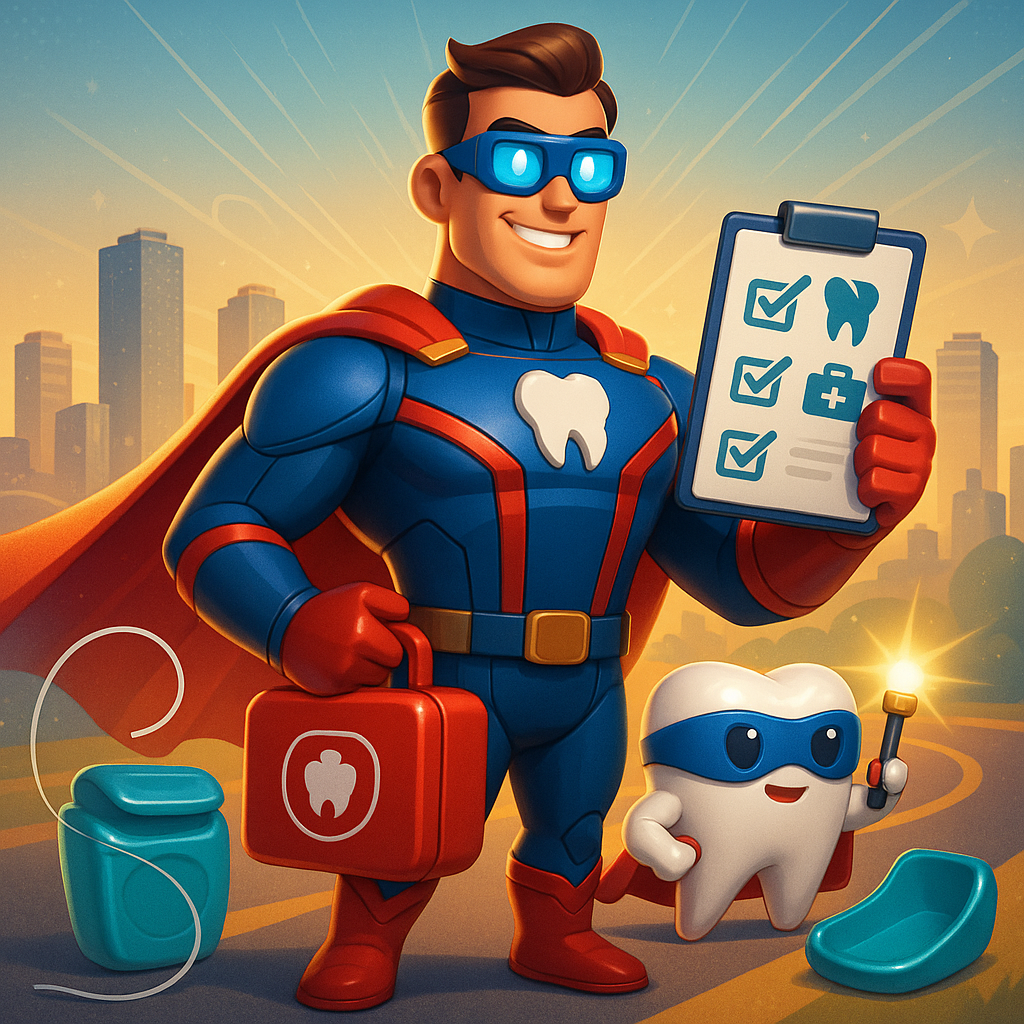Cartoon superhero with checklist, first-aid kit, and smiling tooth in a sunny city scene